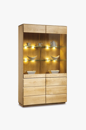 Tölgyfa vitrines szekrény natúr színű, masszív, minimalista design